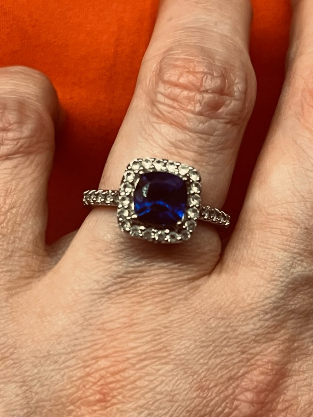 Sterling Silver Blue Cushion Halo engagement Ring